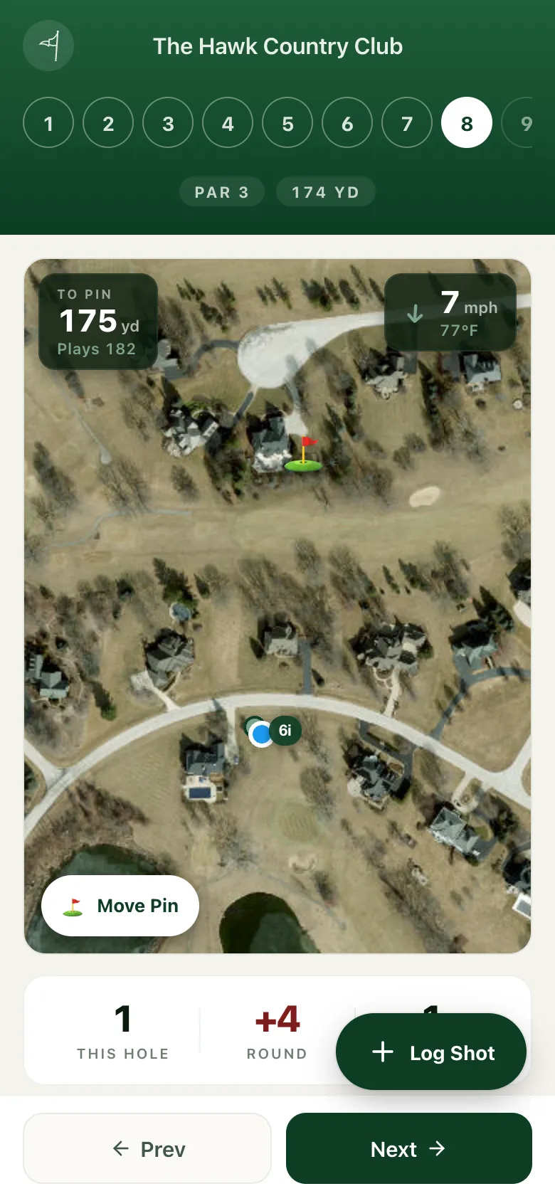 Caddie — The hole — satellite map, pin, distance adjusted for wind