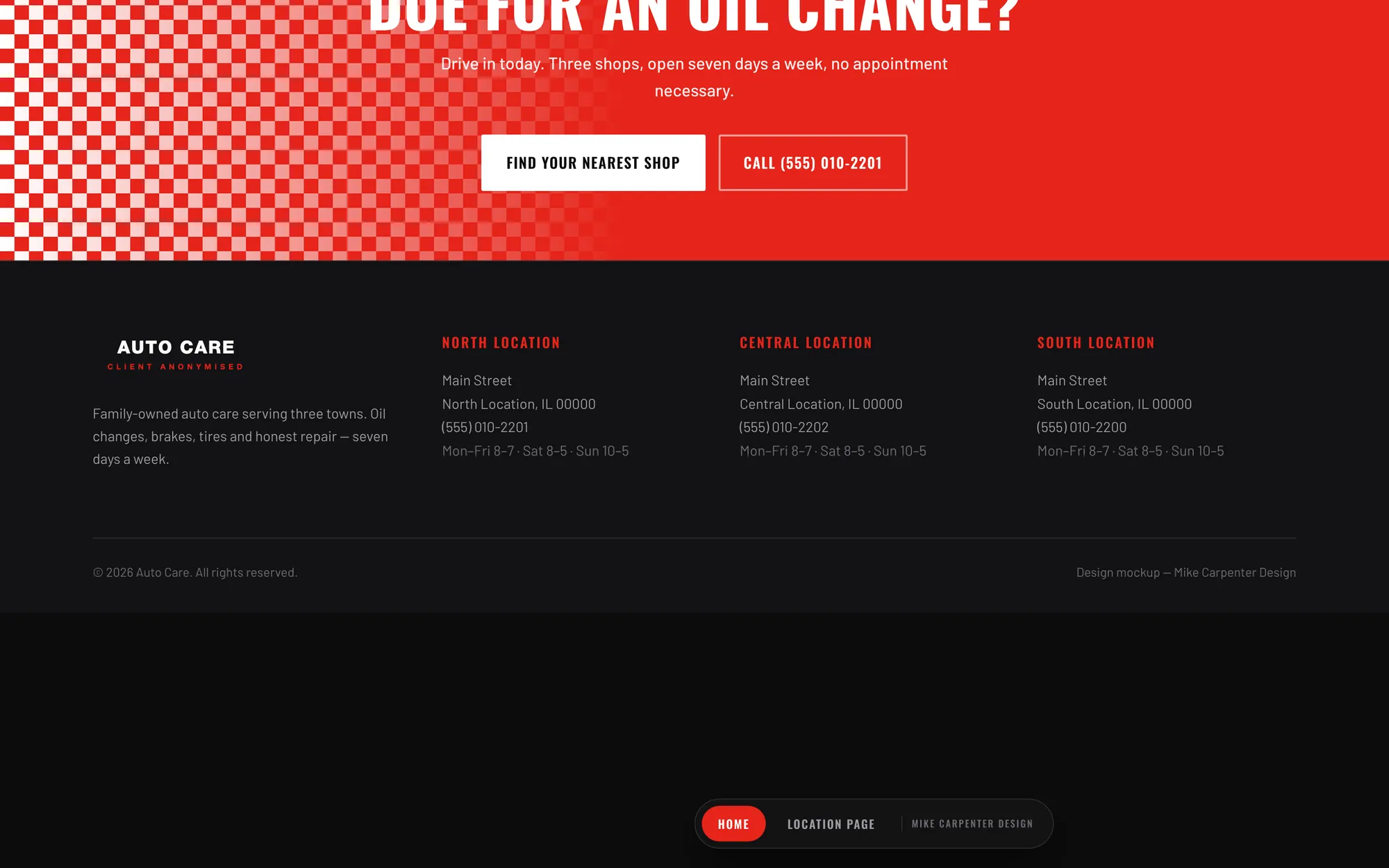 Multi-location auto care — Footer — one NAP block per location