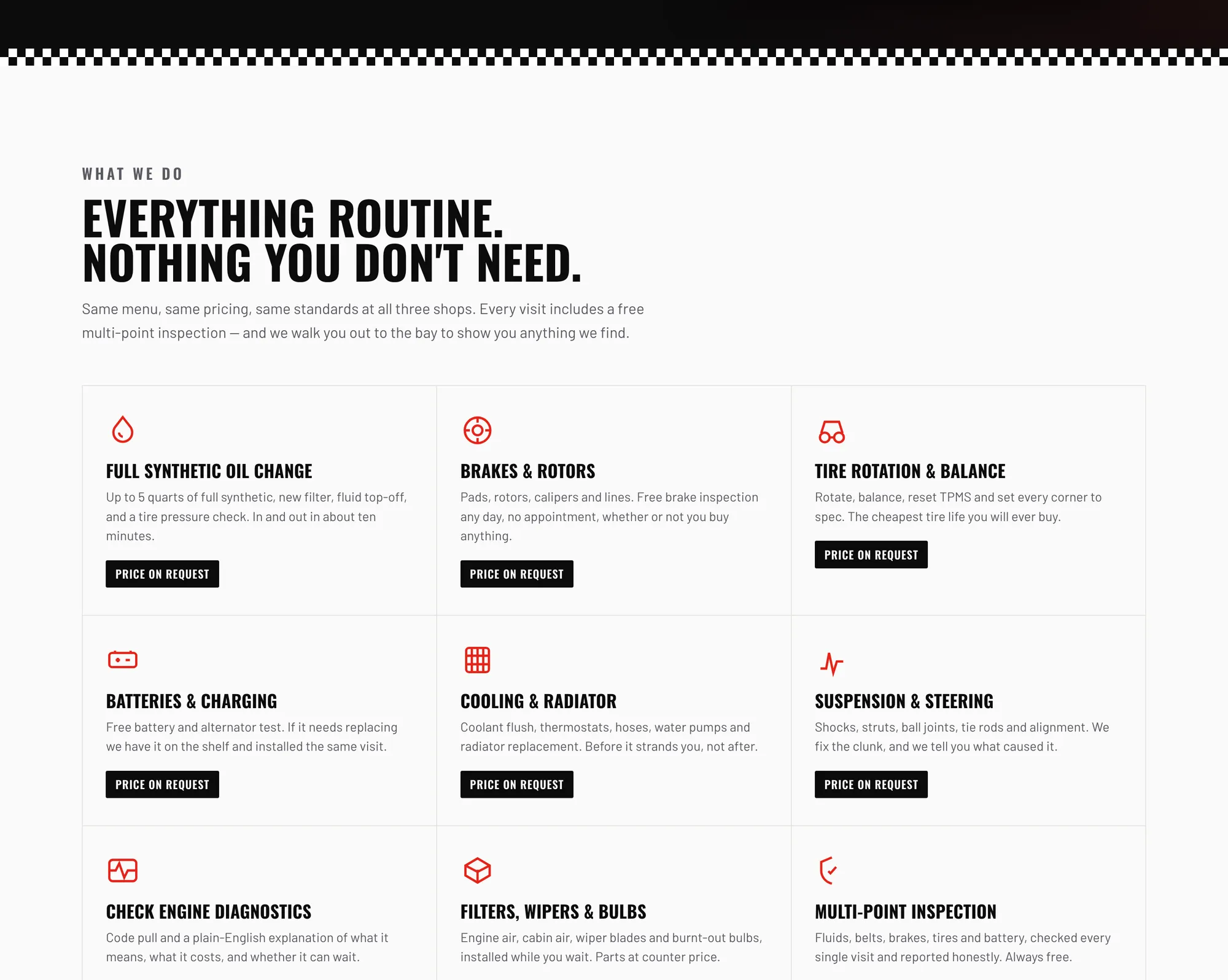 Multi-location auto care — Service menu — flat pricing, no upsell