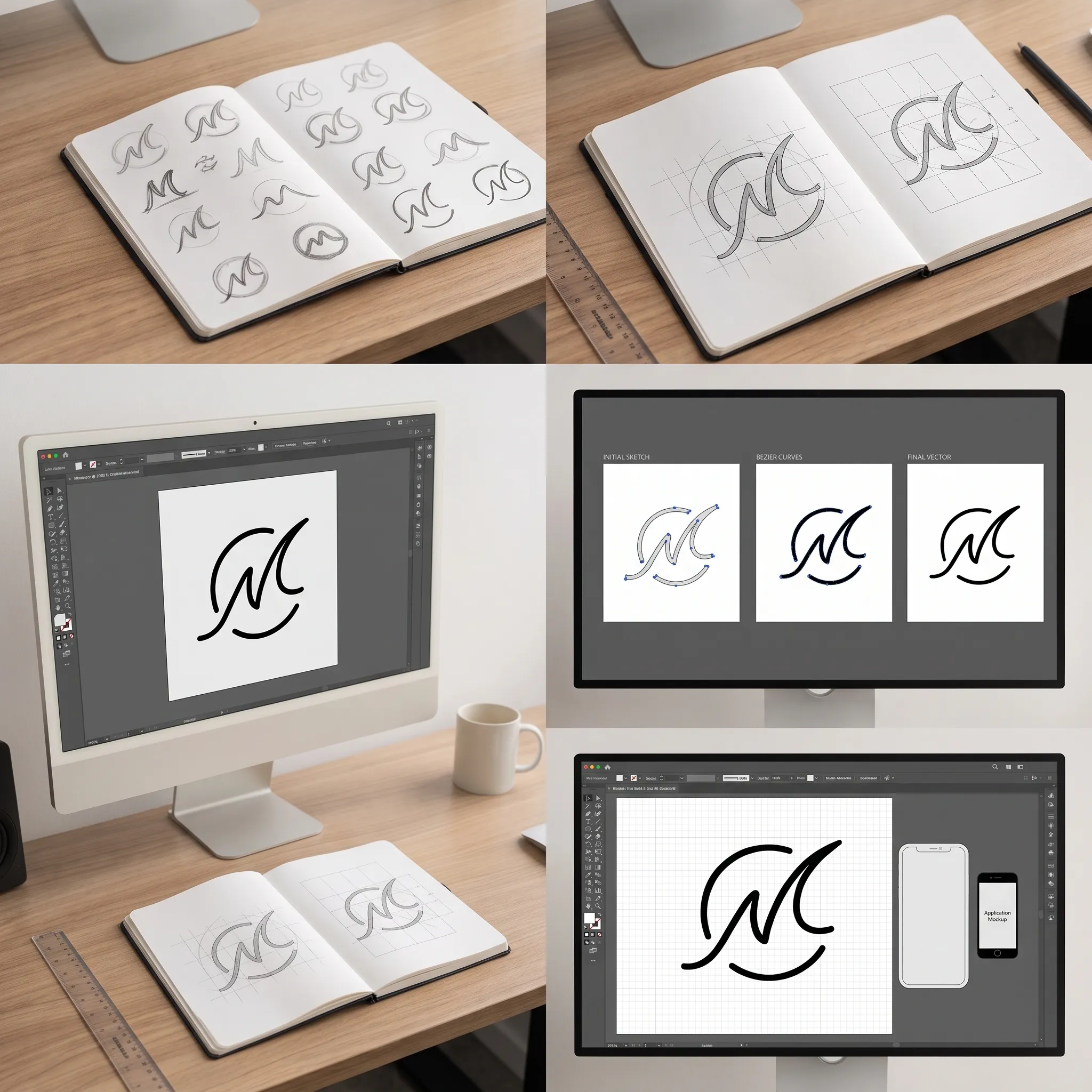 MC Design mark — Sketch to vector — process visualisation (AI-created)